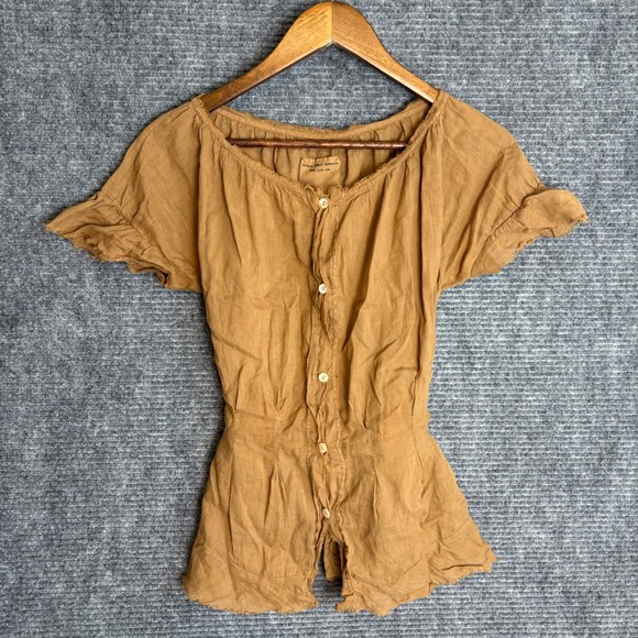 Valerie Gregori McKenzie Tops - Valerie Gregori McKenzie SONG Brown Ramie Cotton Button Front Peplum Blouse S